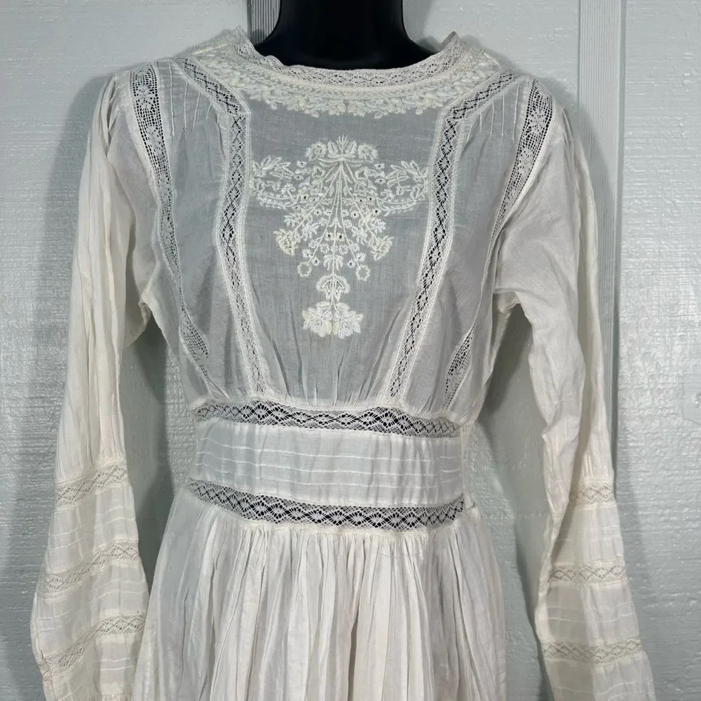 Free People White Victorian Waisted Mini Dress Ivory No Size EUC